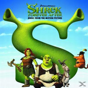 Album borító. Shrek és más karakterek. Zöld 'S' alak. Szöveg: 'Shrek Forever After'.