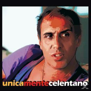 Porträt eines Mannes mit dunklem Haar und lila Hemd, darunter der Text 'unicamente celentano'.