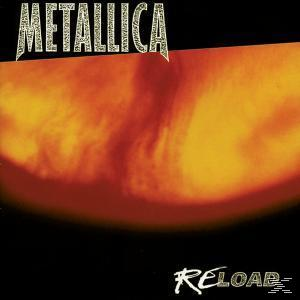 Metallica Albumcover: Oranger und roter abstrakter Hintergrund, mit dem Wort 'Reload'.