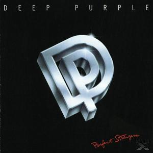Albumcover: Deep Purple. Das Bandlogo in Silber auf schwarzem Hintergrund. Titel: Perfect Strangers.