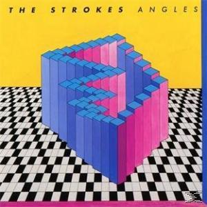 Albumcover mit einem 3D-Würfel, rosa und blau, auf einem schwarz-weißen Schachbrett. Album 'Angles' von The Strokes.