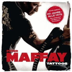 Albumcover mit Peter Maffay, einem Mann mit Tattoos und Gitarre, und einem roten Kreis.