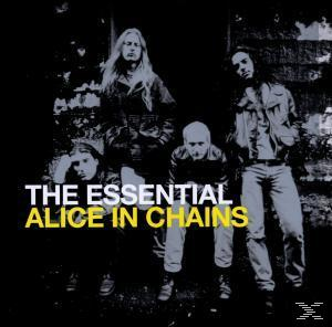 Albumcover für 'The Essential Alice in Chains' mit Bandmitgliedern. Schwarz-Weiß-Bild.