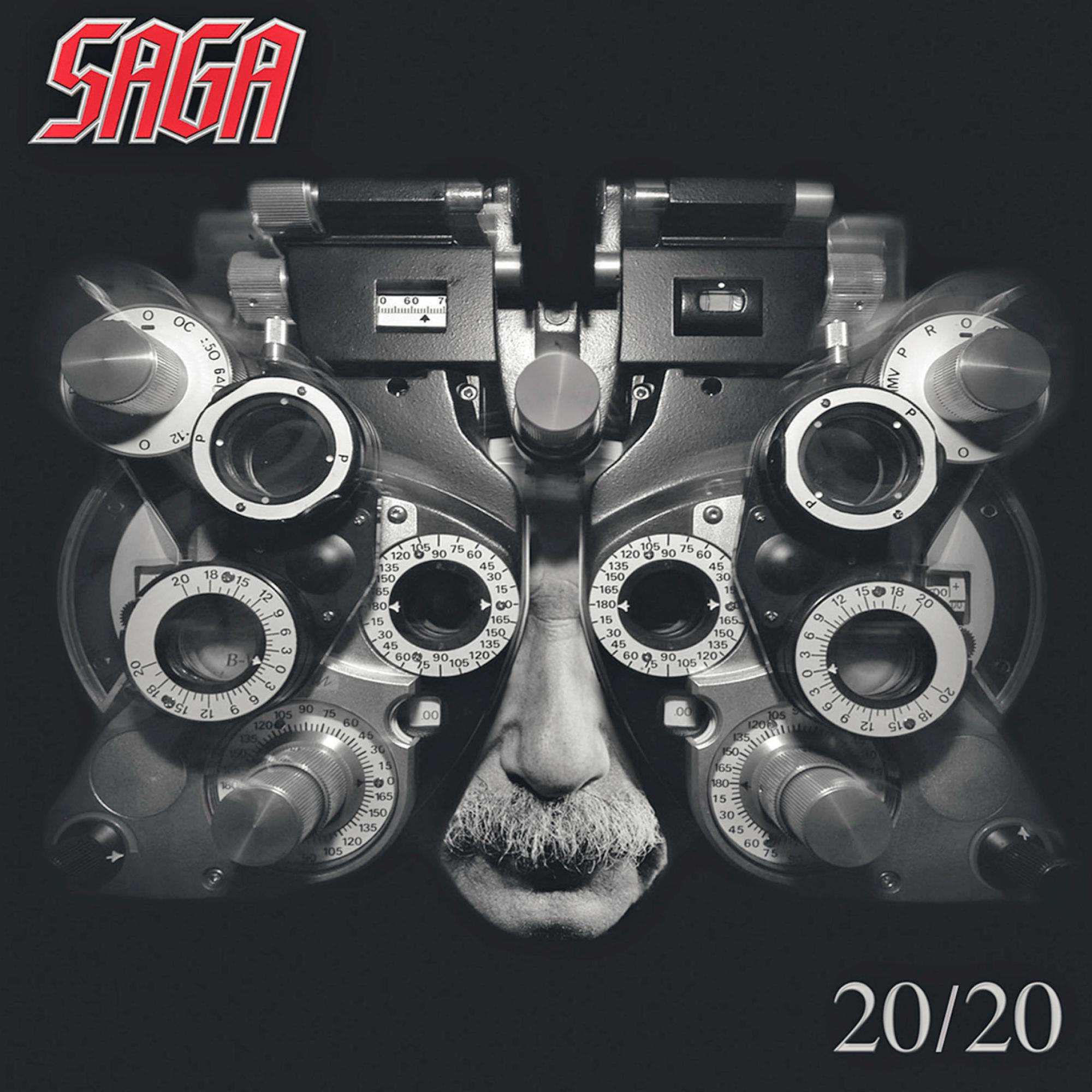 Albumcover für Sagas '20/20'. Eine Augenuntersuchungsmaschine mit Gesicht.