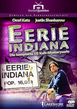 DVD-Cover. Ein Junge auf dem Fahrrad vor einem Schild. Text: Eerie Indiana. Lila Hintergrund.