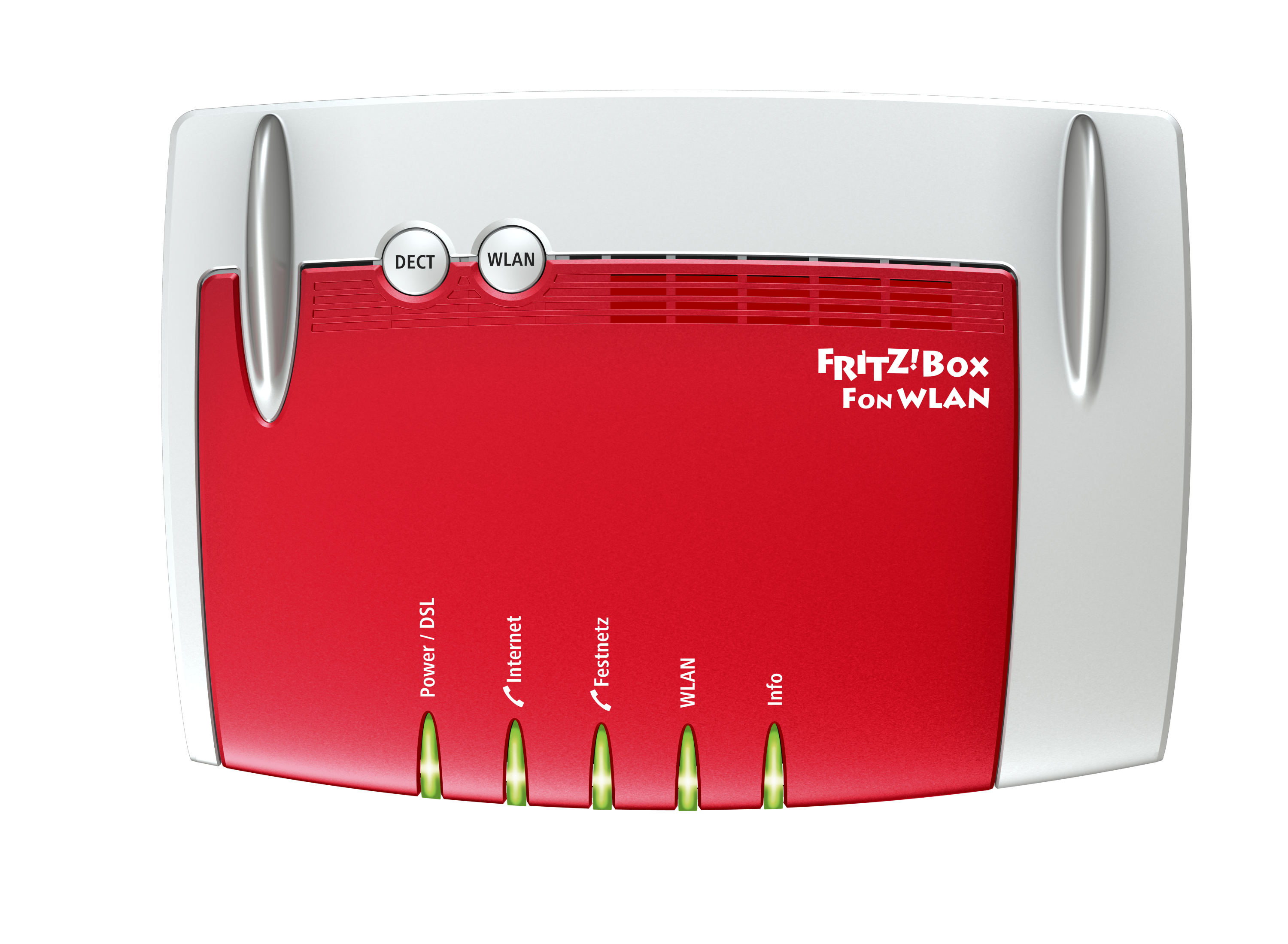 Roter und weißer Router mit der Aufschrift 'Fritz!Box Fon WLAN'.