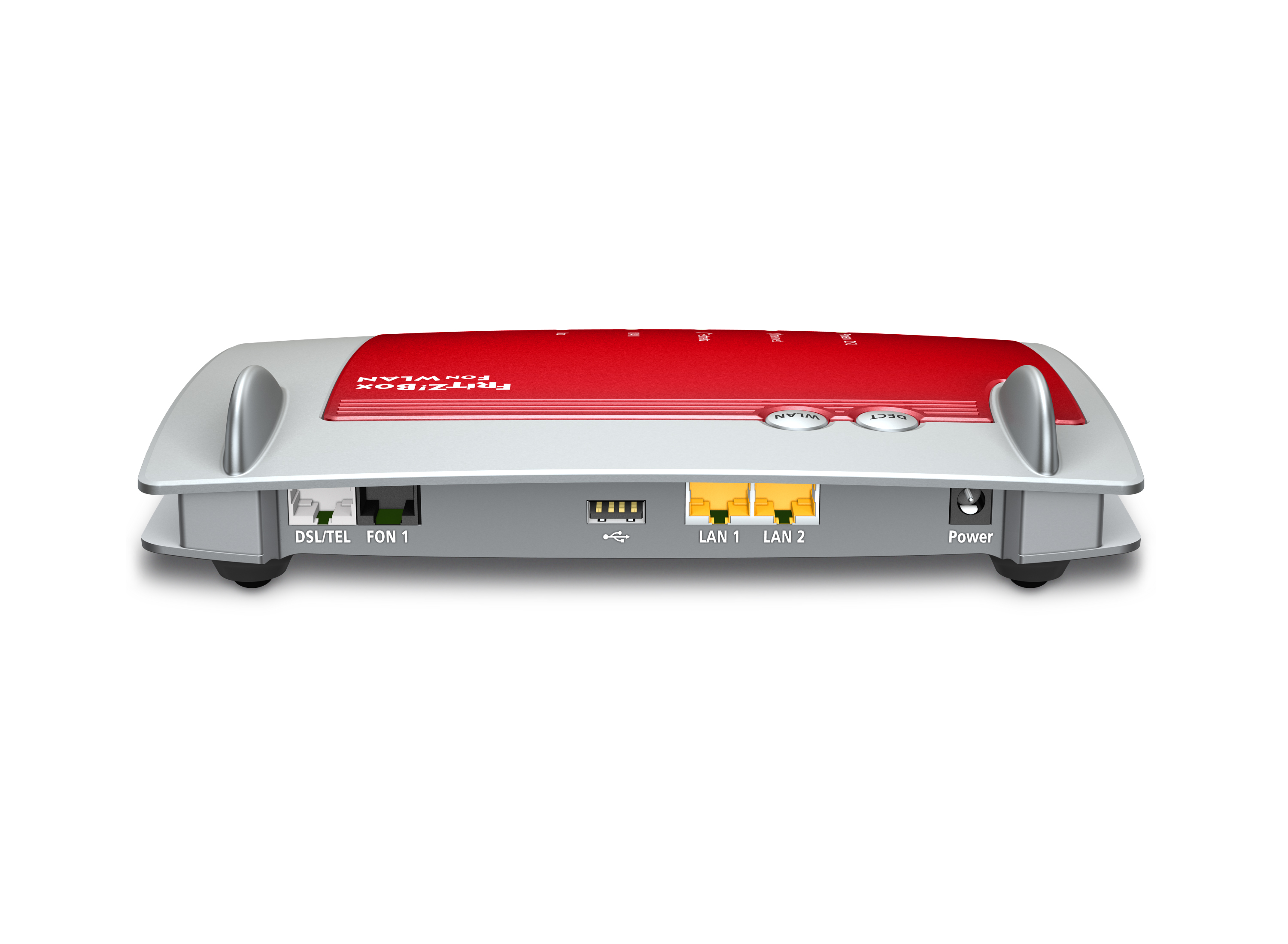 Ein weiß-roter Router mit mehreren Anschlüssen und Tasten auf der Rückseite, positioniert auf weißem Hintergrund.