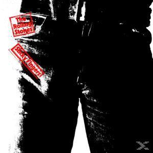 Album borító egy személy farmerjával, a Rolling Stones Sticky Fingers logója a zseben.