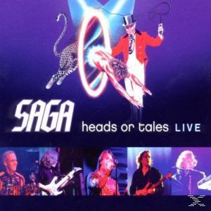 Albumcover für "Saga - Heads or Tales Live" mit einem Mann in rotem Mantel und einem Leoparden.