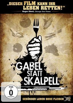 DVD-Cover: 'Gabel statt Skalpell'. Hand mit Gabel über Obst. Schwarzes und braunes Farbschema. Deutscher Text.