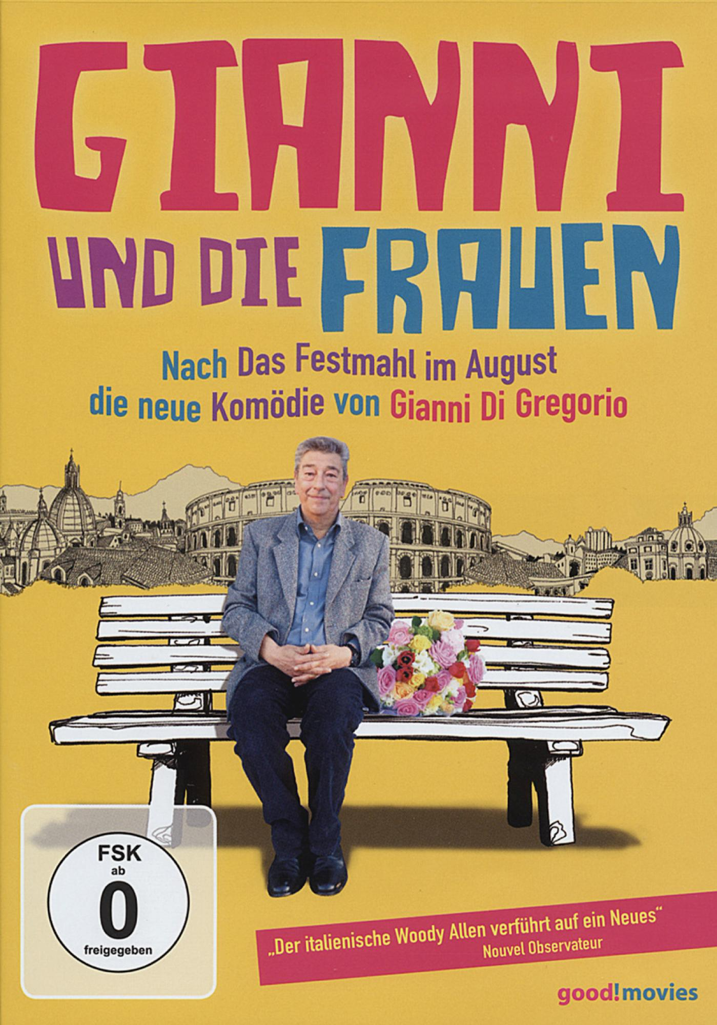 DVD-Cover, Mann sitzt auf einer Bank mit Blumen, Titel ist "GIANNI UND DIE FRAUEN".