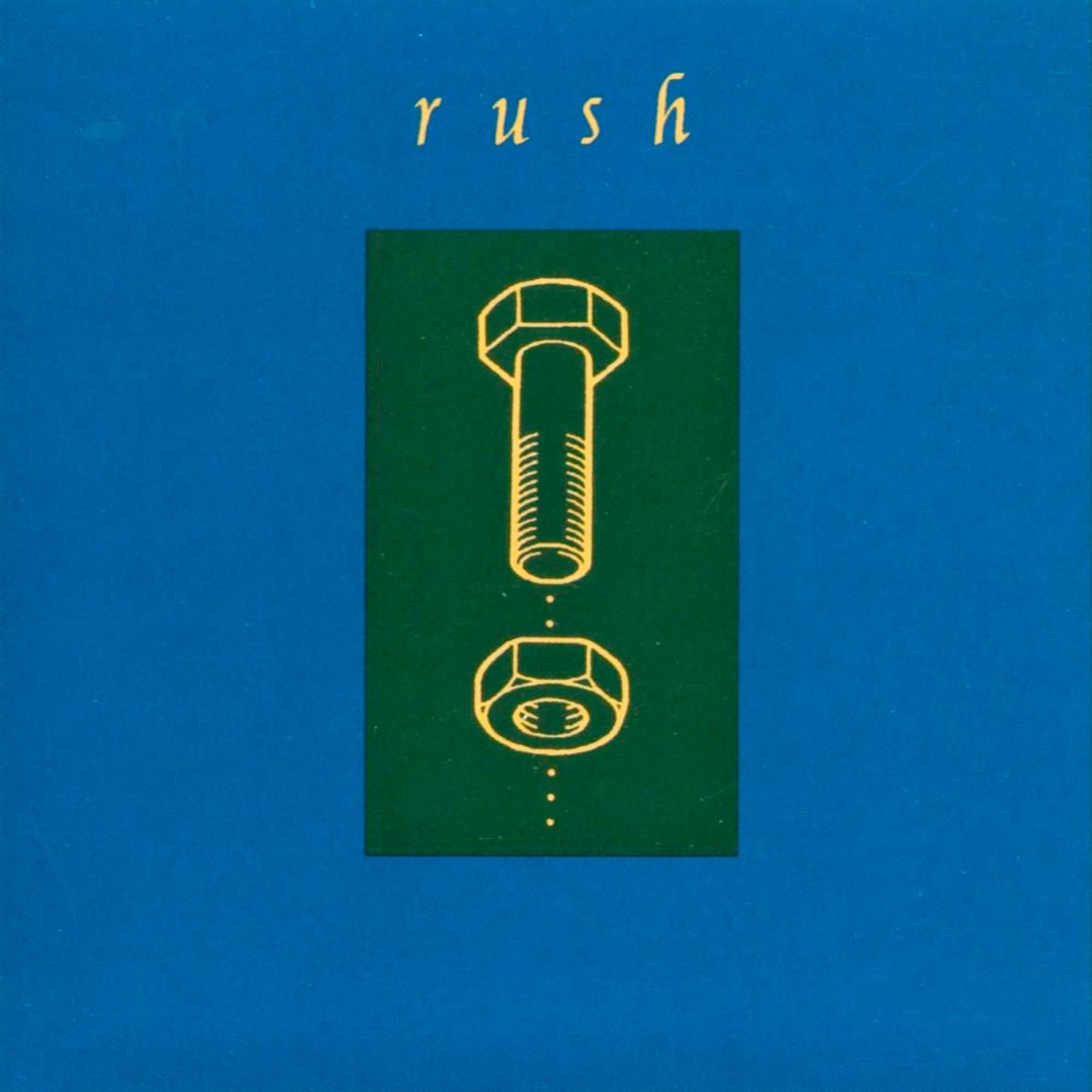 Albumcover von Rush, grünes Rechteck mit Schraube und Mutter, blauer Hintergrund.