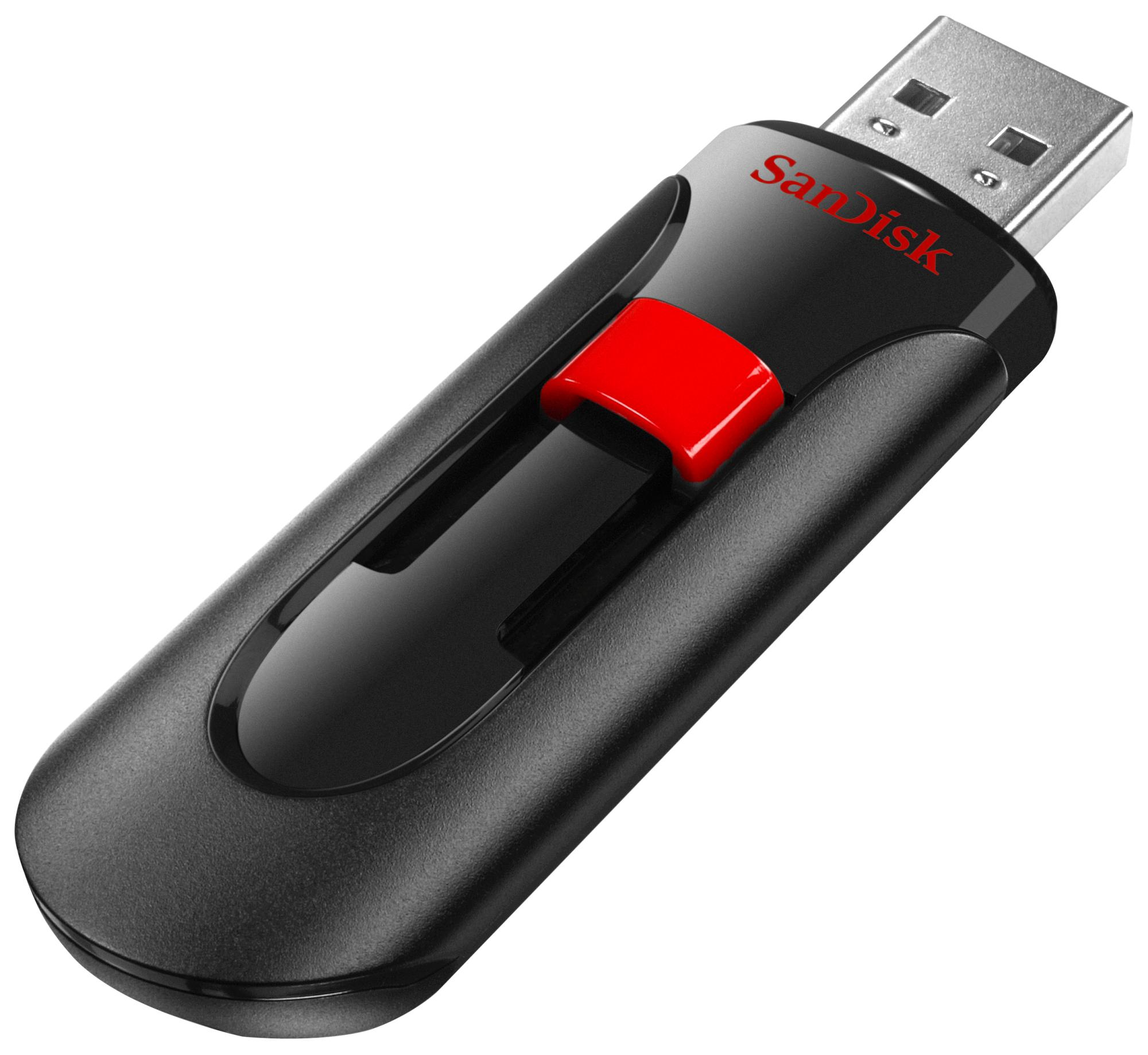 Schwarz-roter SanDisk USB-Stick. Roter Knopf und USB-Anschluss sichtbar. Schlankes, glänzendes Design.