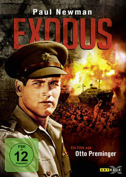 Filmposter von Paul Newman in Uniform für den Film 'Exodus', mit brennendem Hintergrund.