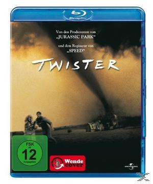 Twister DVD-Cover: Tornado über einem Feld. Menschen laufen. Blau- und Grüntöne.