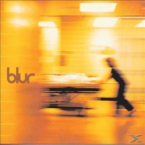 Blur-Albumcover. Eine Person schiebt eine Bahre einen Flur entlang. Orangefarbener und gelber Hintergrund.