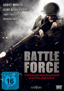 Filmcover. Soldat mit Gewehr. Titel: Battle Force. Text auf Deutsch.