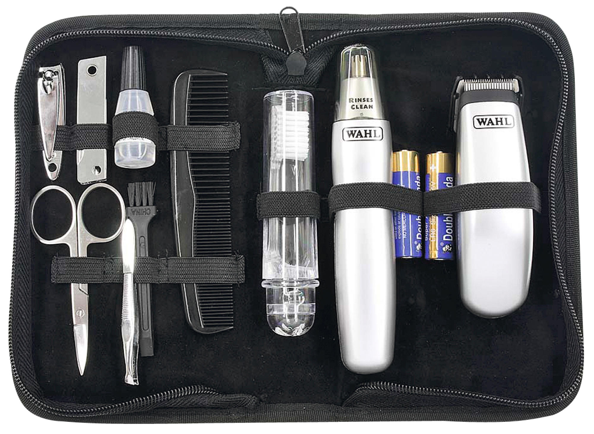 Een zwart grooming-kit met ritssluiting met diverse tools, waaronder een schaar, tondeuse en kam.