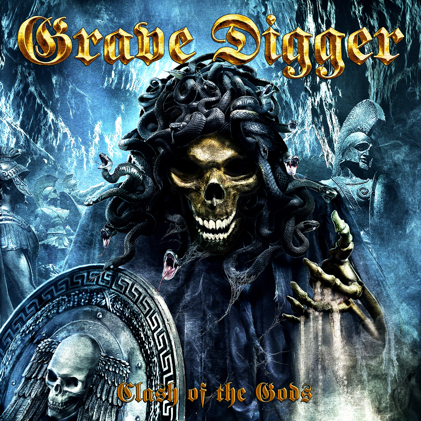 Albumcover: Grave Digger, Totenkopf mit Schlangen, Schild. Titel: Clash of the Gods.