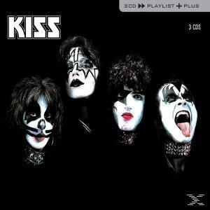 Kiss-Bandmitglieder mit Gesichtsbemalung, schwarzer Hintergrund, Bandname oben.