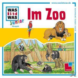 Zooszene: Löwe, Affen, Papagei und Text 'Im Zoo'.
