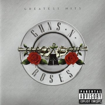 Album borító ezüst körkörös dizájnnal, 'GUNS N ROSES' egy fegyver és rózsák körül, felül 'GREATEST HITS'.