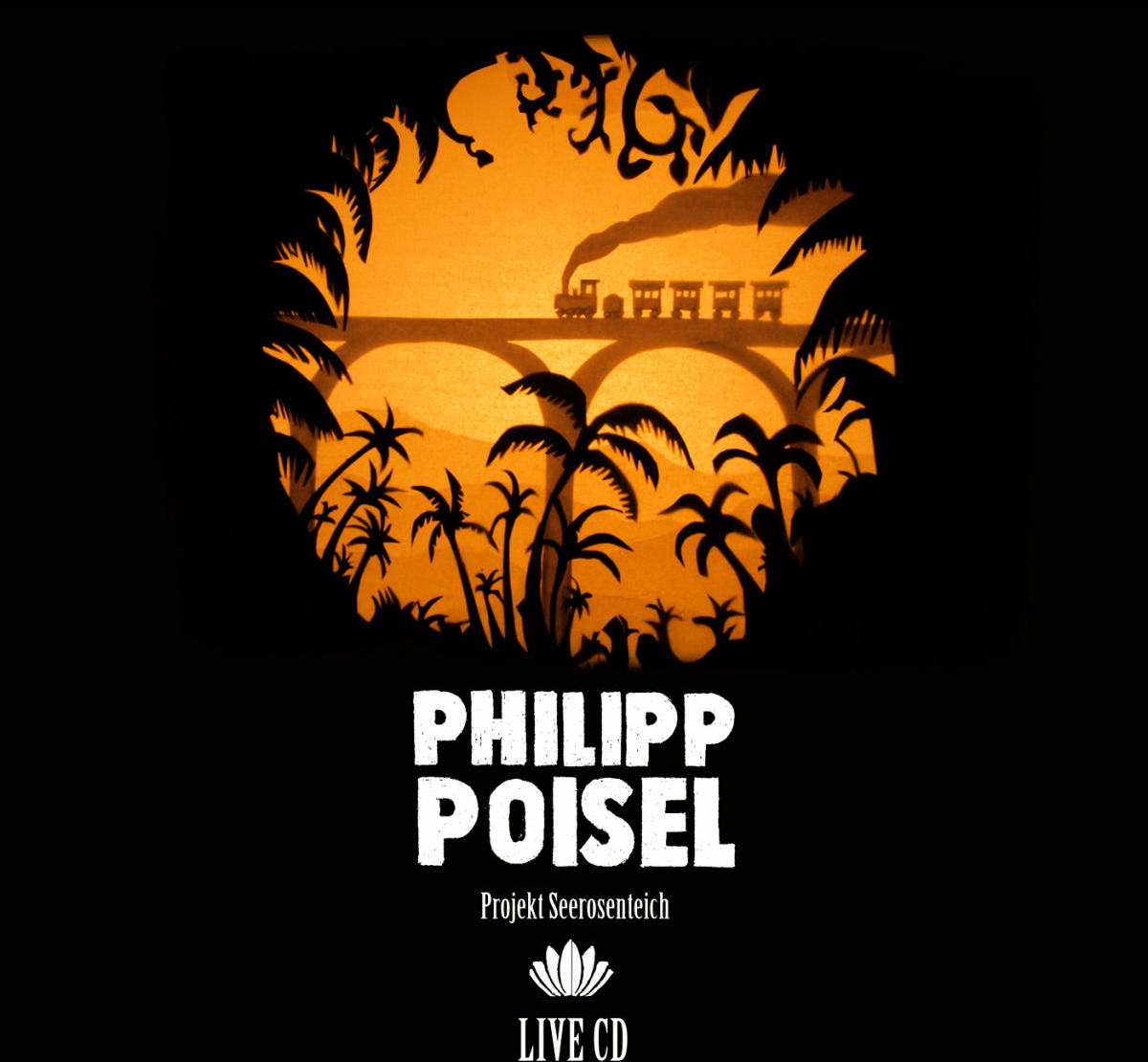 Philipp Poisel Albumcover. Silhouette eines Zuges auf einer Brücke, umgeben von Palmen, vor einem dunkelorangen Himmel.