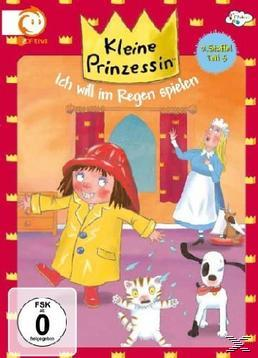Zeichentrickbild eines kleinen Mädchens in gelbem Regenmantel, das mit Katze und Hund im Regen spielt.