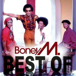 Boney M Albumcover. Bandmitglieder posieren mit dem Titel, rot und weiß.