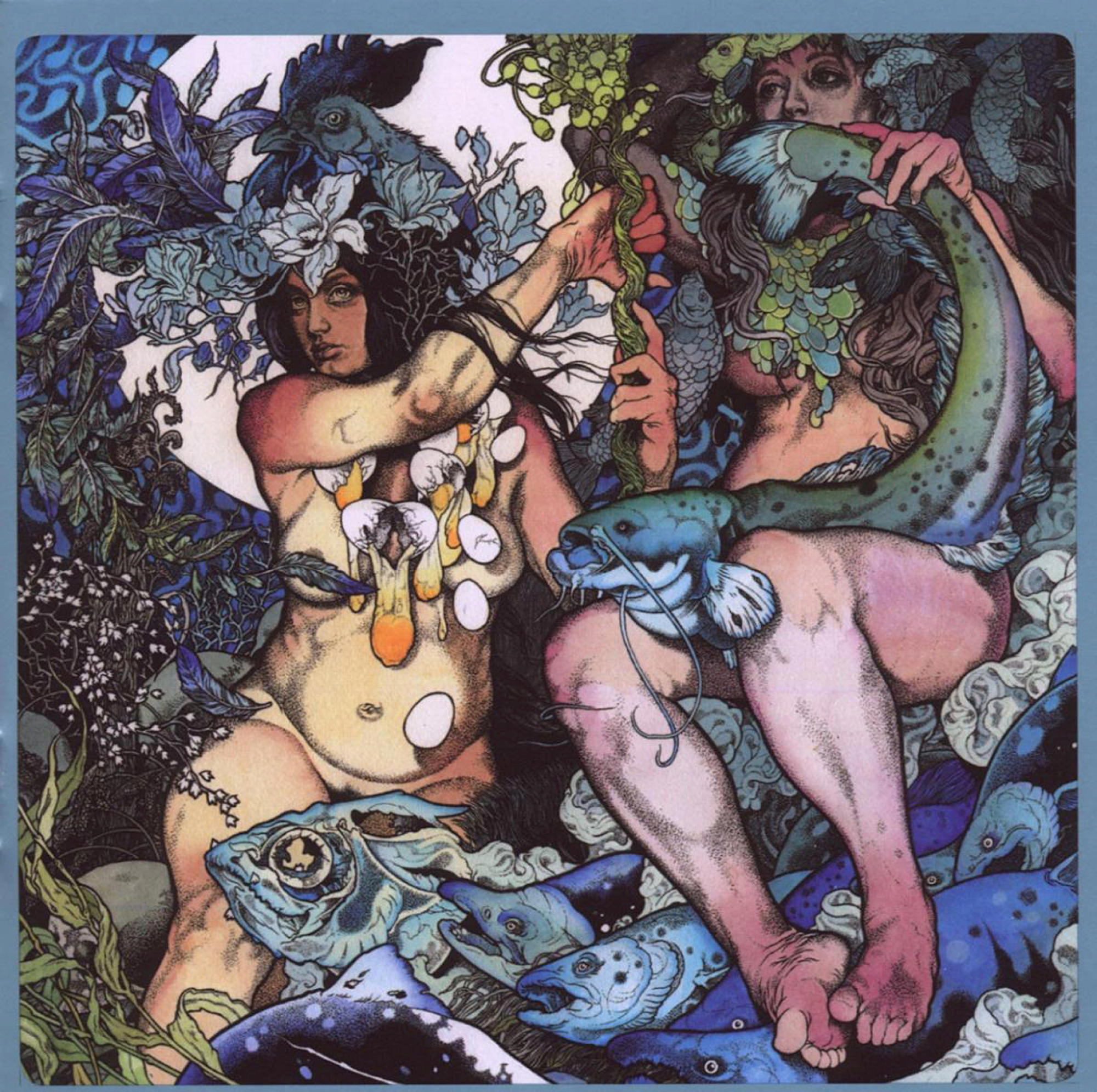 Kunstwerk mit zwei nackten Figuren, die Fische halten, umgeben von Fischen und Pflanzen.
