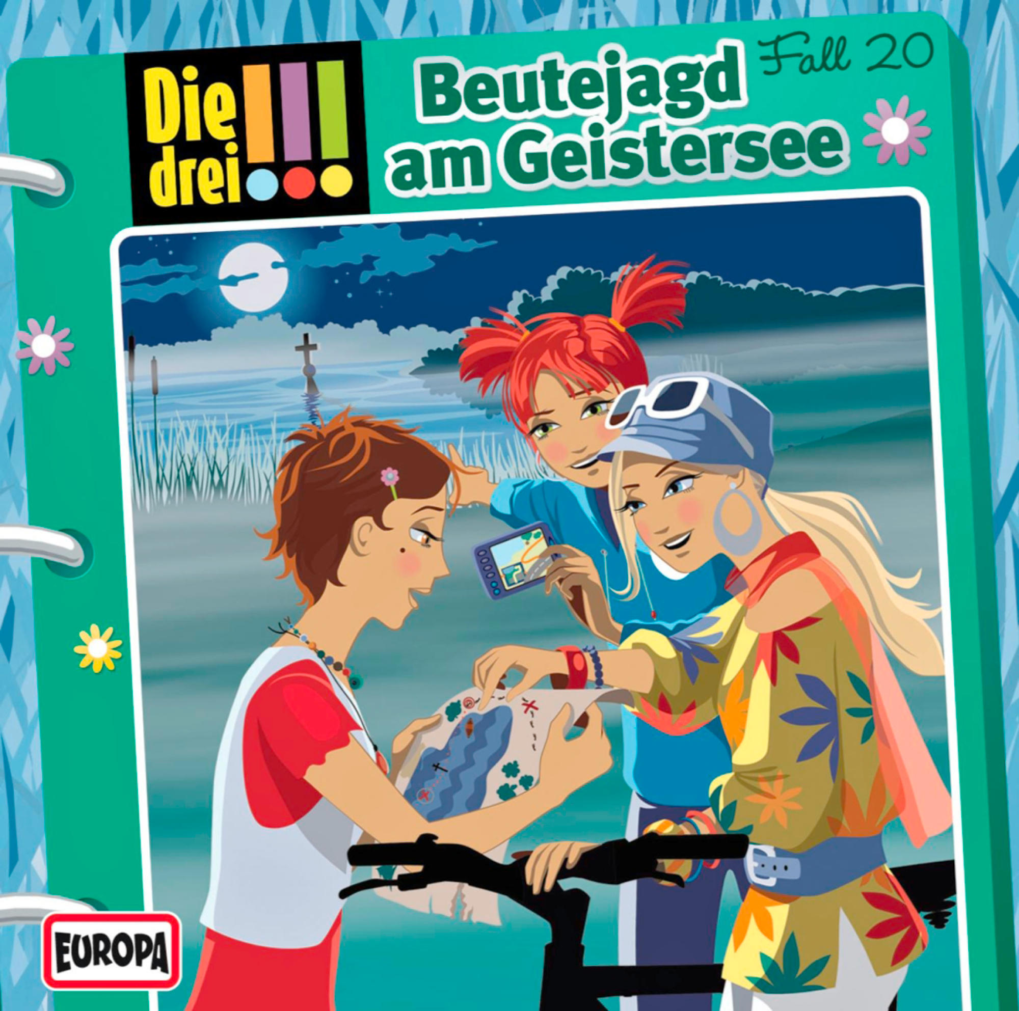 Drei Mädchen auf einem Fahrrad. Eines schaut auf eine Karte, die andere macht ein Foto, grüner Hintergrund.
