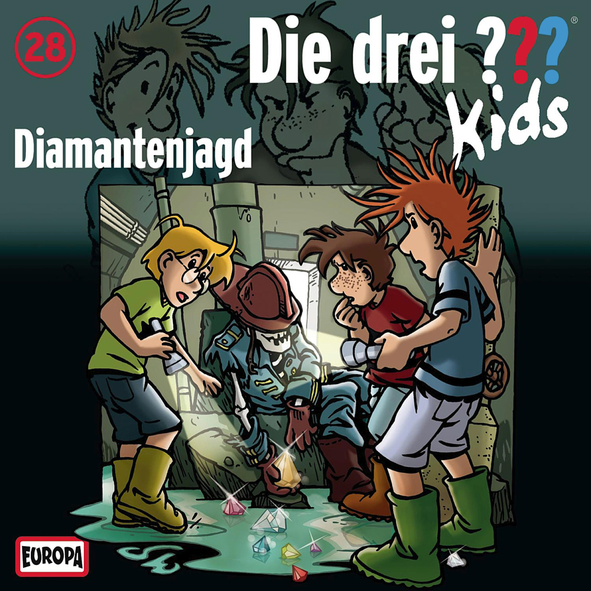 Cover-Art für Die drei ??? Kids mit drei Zeichentrickkindern und einem Skelett.