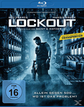 Blu-ray-Cover für 'Lockout', Mann mit Waffe in futuristischer Umgebung.