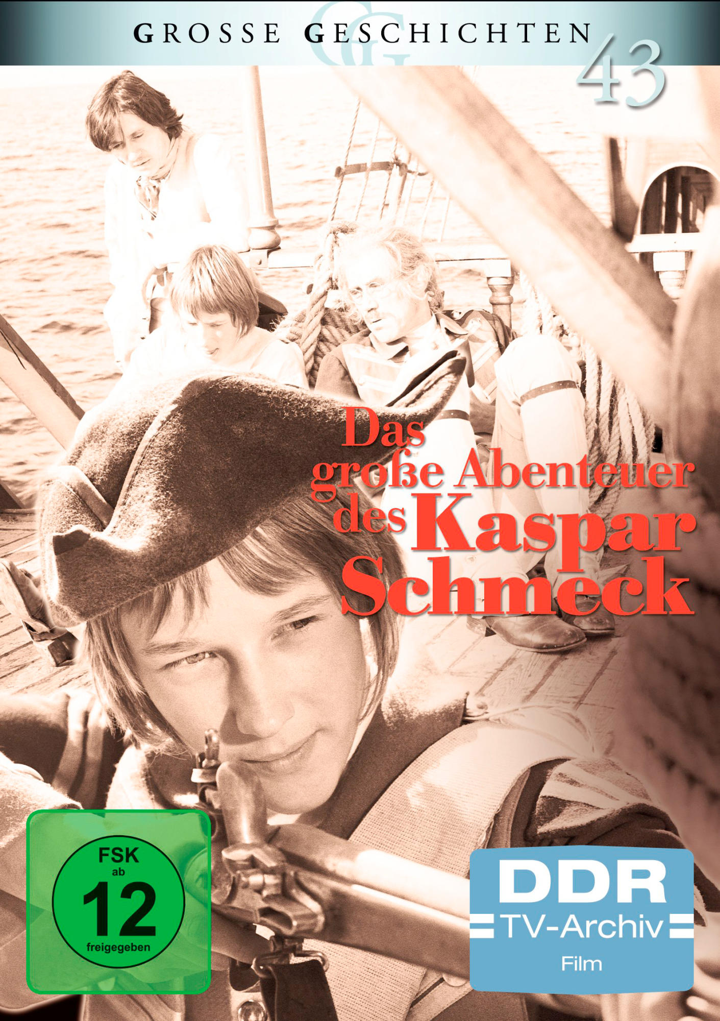 DVD-Cover: Ein Junge zielt mit einer Waffe, mit Männern auf einem Boot. Text lautet „Das große Abenteuer des Kaspar Schmeck“.