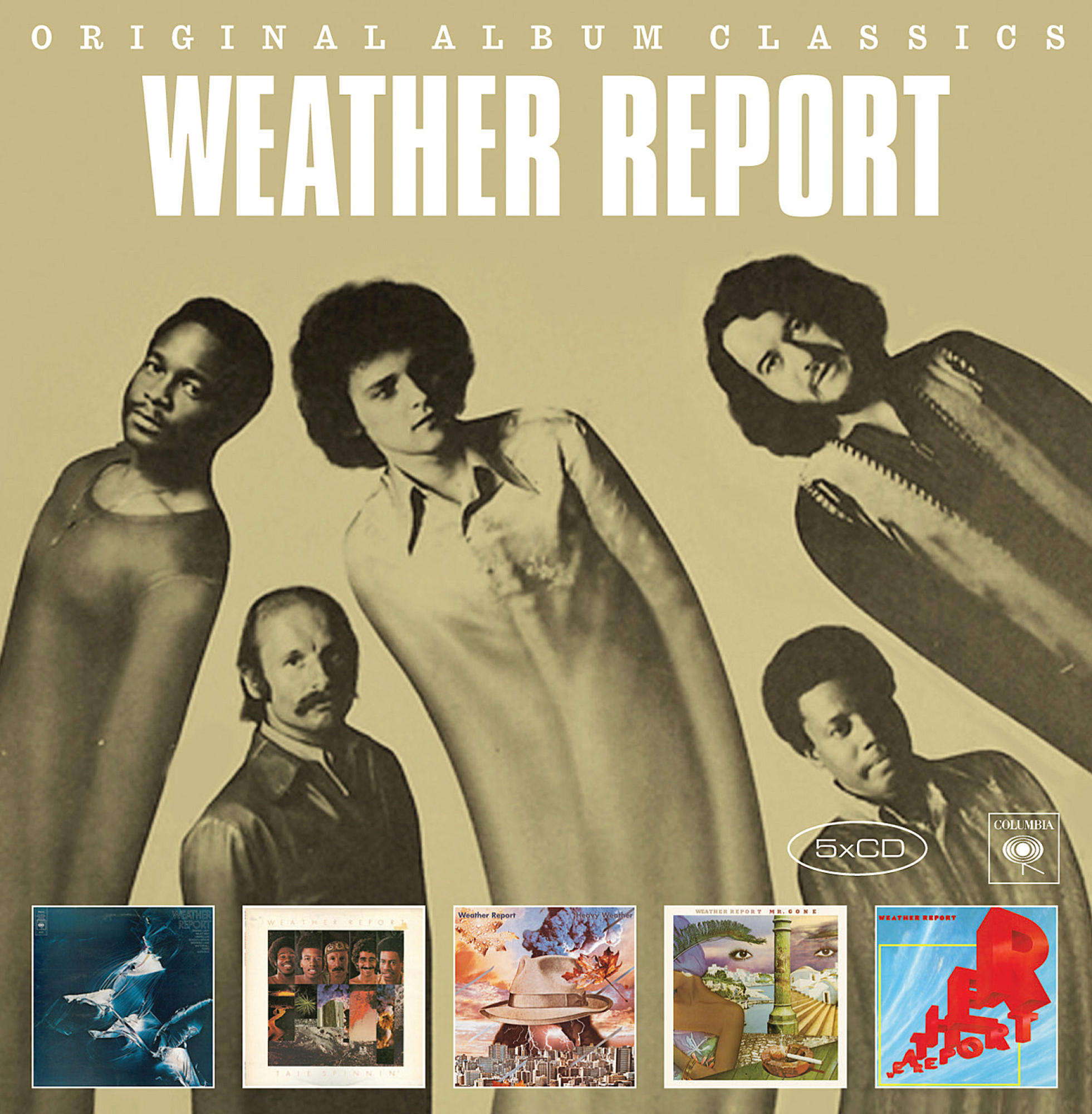 Albumcover von Weather Report. Bandmitglieder in Sepia. Albumtitel unter der Band.