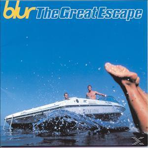 Albumcover für 'Blur: The Great Escape'. Zwei Männer auf einem Boot im Wasser. Ein Bein ist in der Luft.