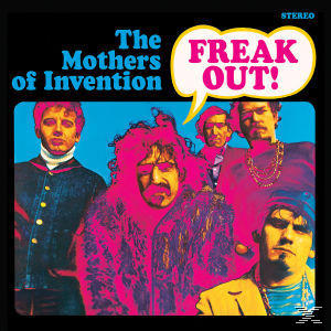 The Mothers of Invention Albumcover. Fünf Männer mit bunter Kleidung. Eine Sprechblase sagt Freak Out!