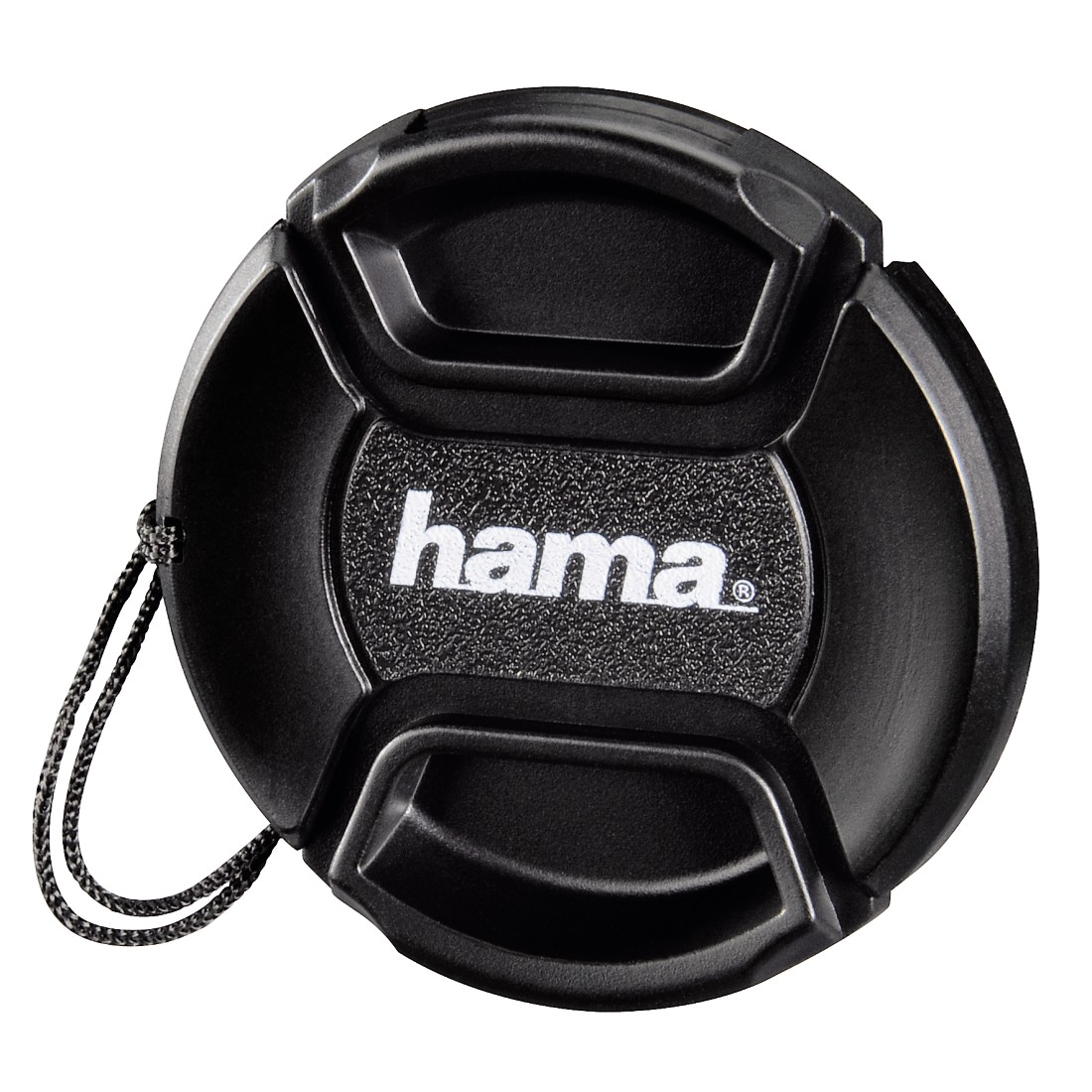 Een zwarte lensdop met het woord hama erop.
