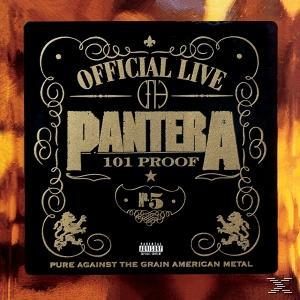 Albumcover für 'Pantera - 101 Proof'. Goldener Text auf schwarzem Hintergrund mit Stern.