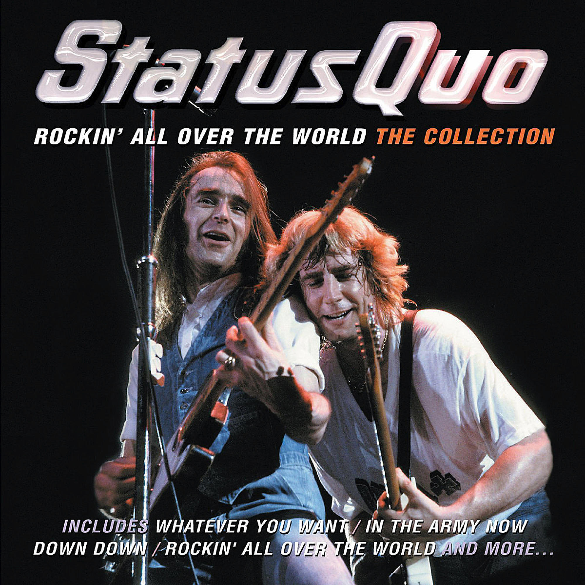 Albumcover: Status Quo, zwei Männer mit Gitarren. Rocking all over the world. Beinhaltet Text und Bilder.