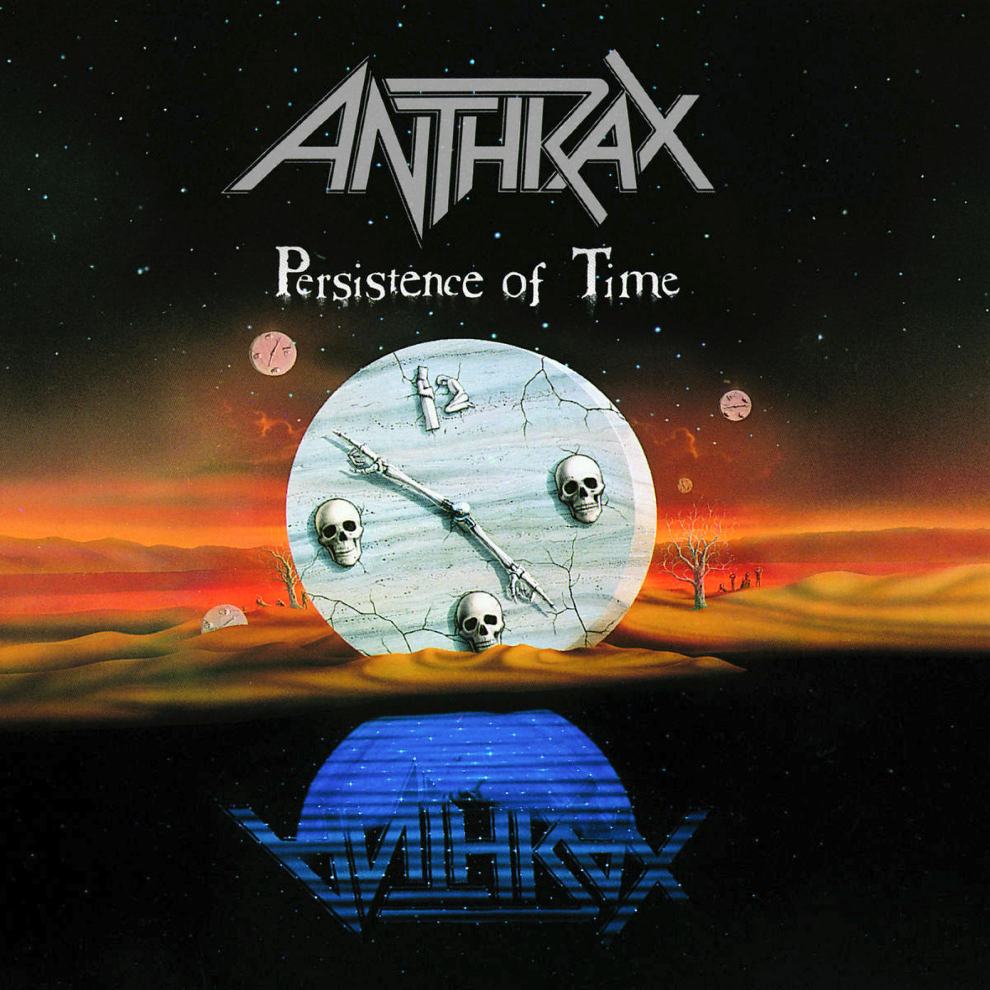 Anthrax-Albumcover. Eine Uhr mit Totenköpfen und einem Planeten in einem Sternenhimmel.