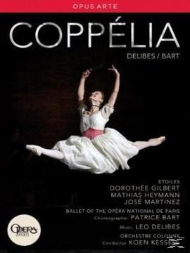Ballett-DVD-Cover: 'Coppélia'. Ballerina im Sprung, Arme erhoben. Text und Namen im Hintergrund.