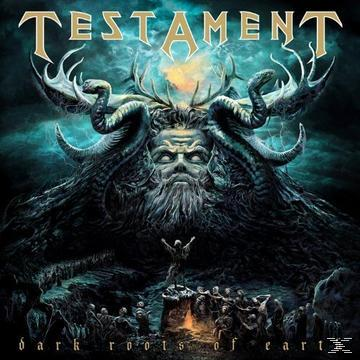 Albumcover mit gehörnter Figur. Titel: Testament. Text: Dark Roots of Earth.