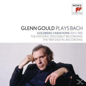 Albumcover: Glenn Gould, sitzend, mit dem Text "Glenn Gould Plays Bach" oben.