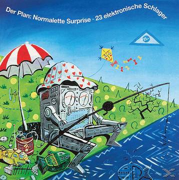 Albumcover mit einem Roboter, der in der Nähe eines Flusses angelt. Es gibt eine Kite und ein U-Boot.