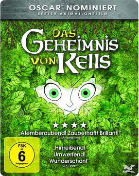DVD-Cover für den Zeichentrickfilm Das Geheimnis von Kells, mit grünen Blättern und Text. Der Film ist für den Oscar nominiert.