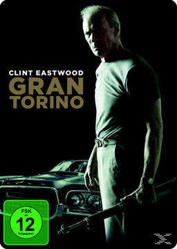 Gran Torino DVD-Cover. Clint Eastwood, hält eine Waffe. Text: Gran Torino. Auto im Hintergrund.