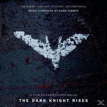Albumcover mit dem Batman-Logo, weiß auf schwarz, mit dem Text 'The Dark Knight Rises'.