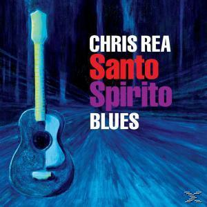 Chris Rea Albumcover: Gitarre lehnt links, Text in Rot und Lila, auf blauem Hintergrund, Titel Santo Spirito Blues.