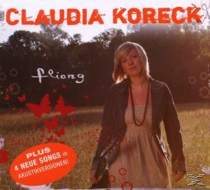 Claudia Koreck Albumcover. Eine Frau auf einem Feld, Text 'fliong', und anderer Text in Rot, mit einem roten Schmetterlingsdesign.